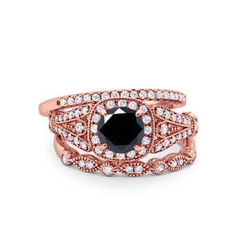 Three Piece Art Deco Bridal Wedding Ring Rose Tone, Simulated Black CZ 925 Sterling Silver